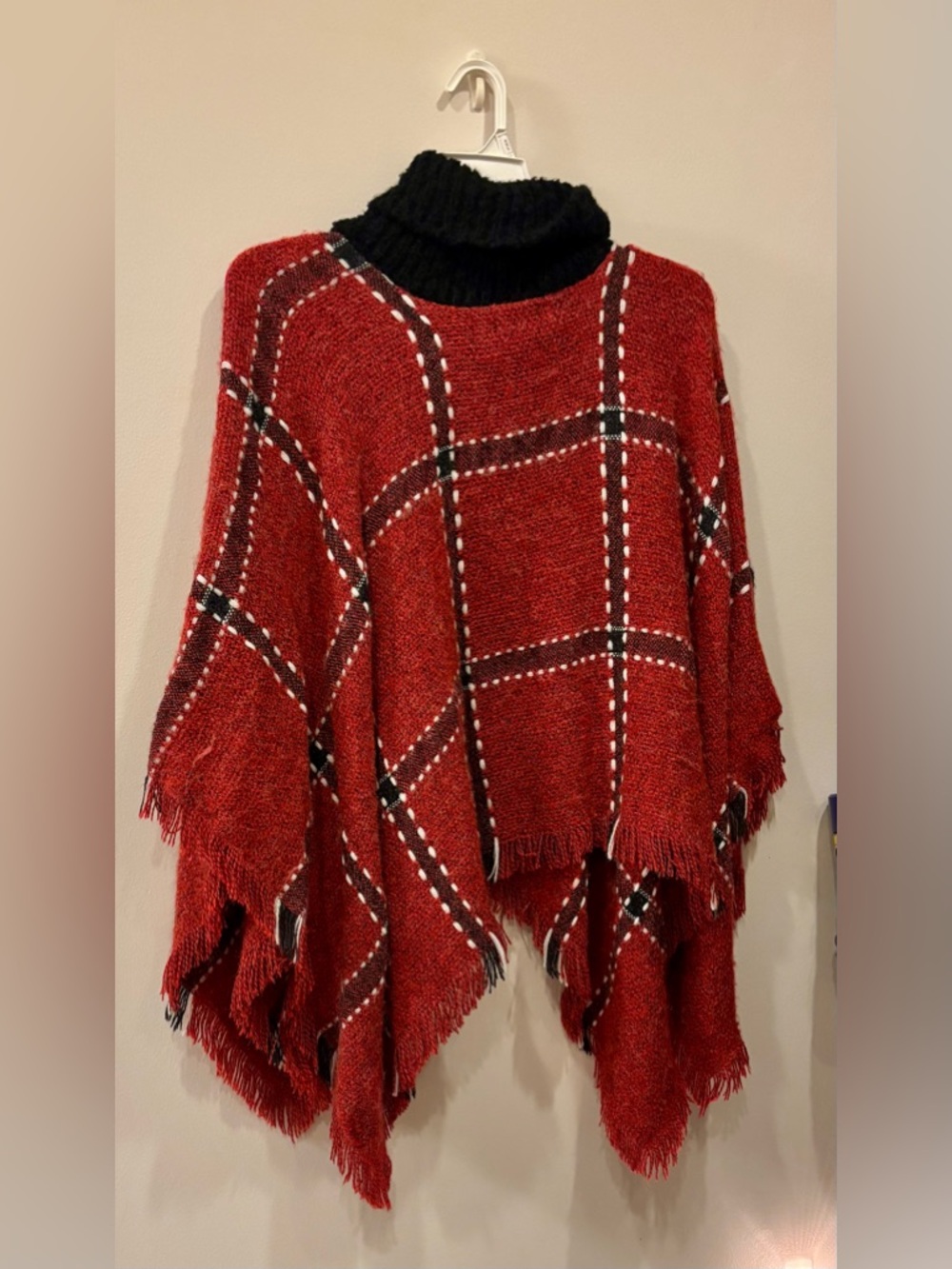 Simply Noelle Red Plaid Fringe Knit Poncho with Black Turtleneck